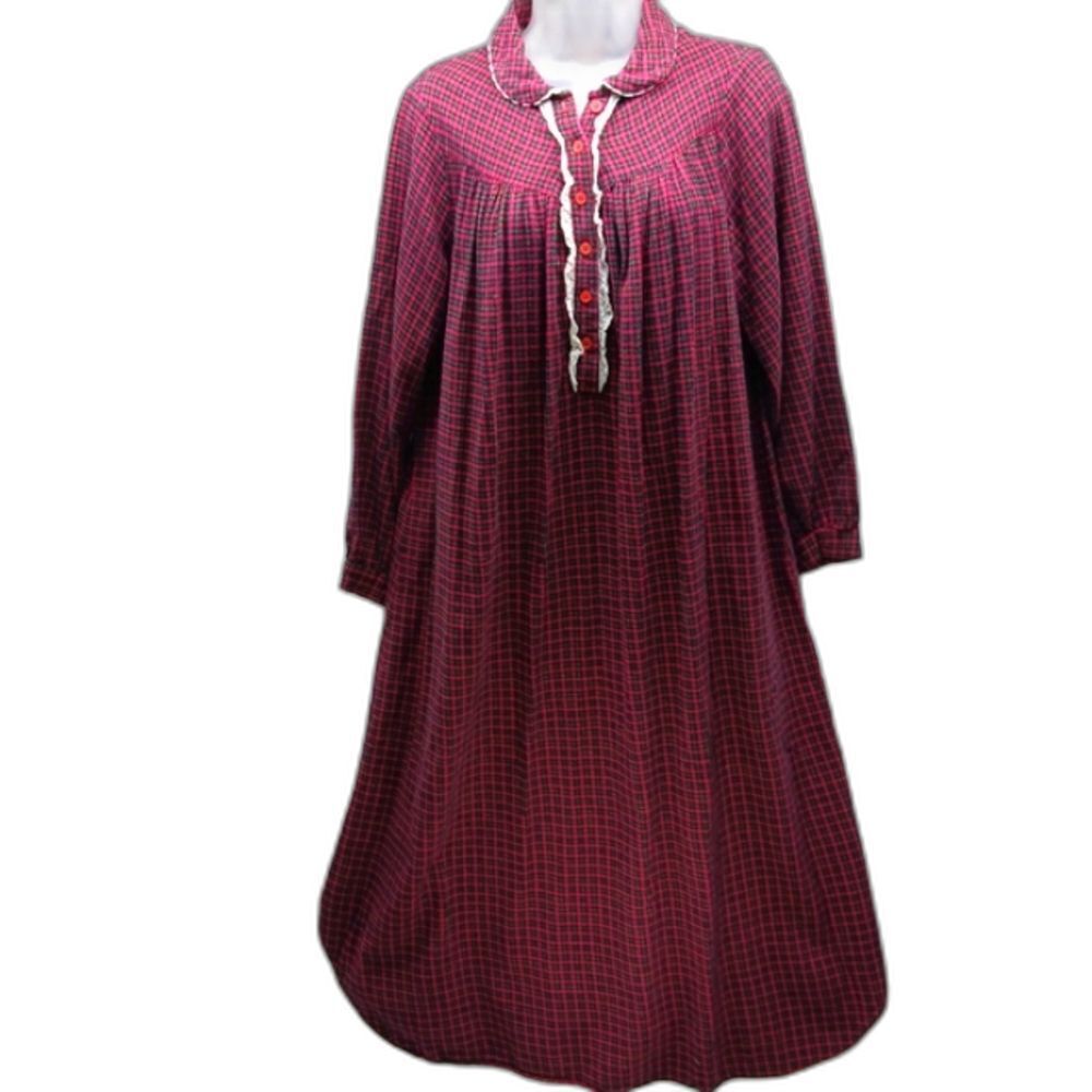 Vintage Long Red Plaid Flannel Grannycore Nightgown Eyelet Button Collar Women S